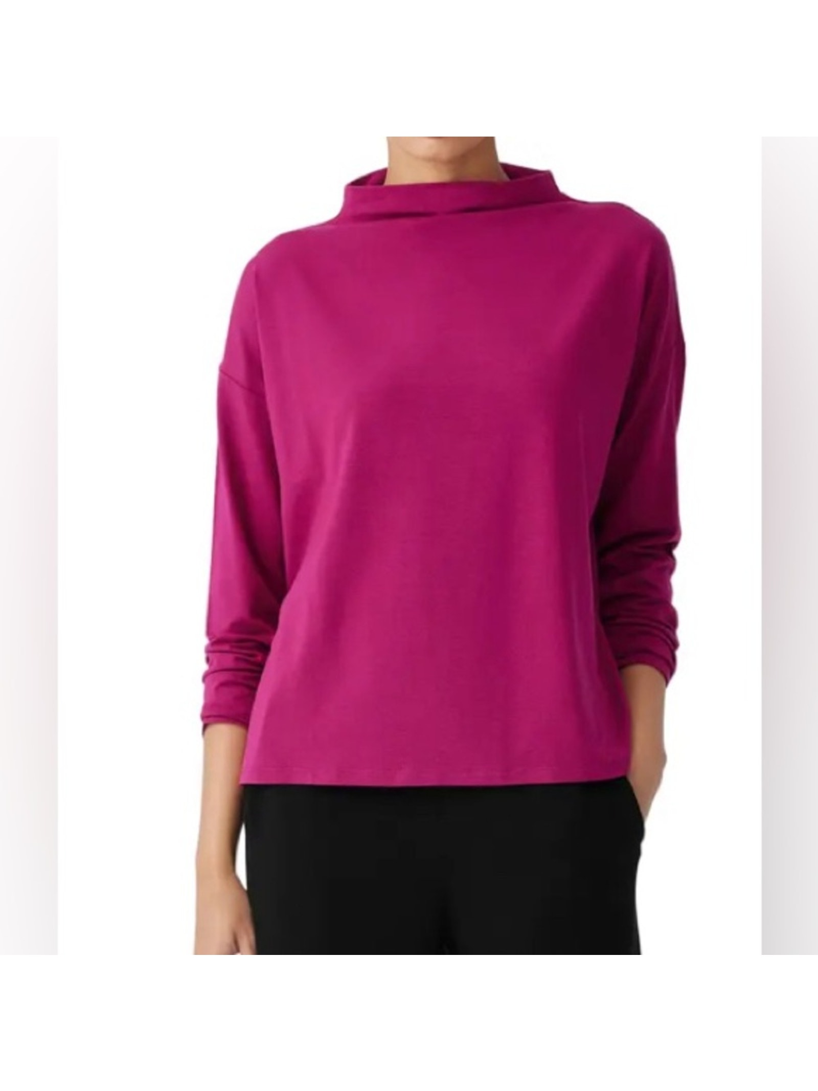 Eileen Fisher Hot Pink Magenta Funnel Neck Long Sleeve Shirt Boxy Top $138 Large